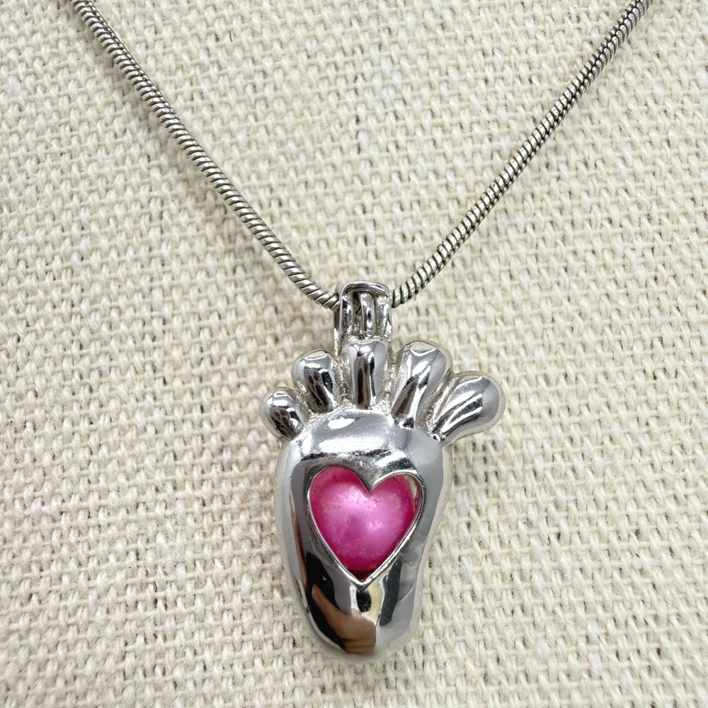 Sterling Silver Foot Heart Cage Pendant Necklace Pink Pearl Snake‎ Chain